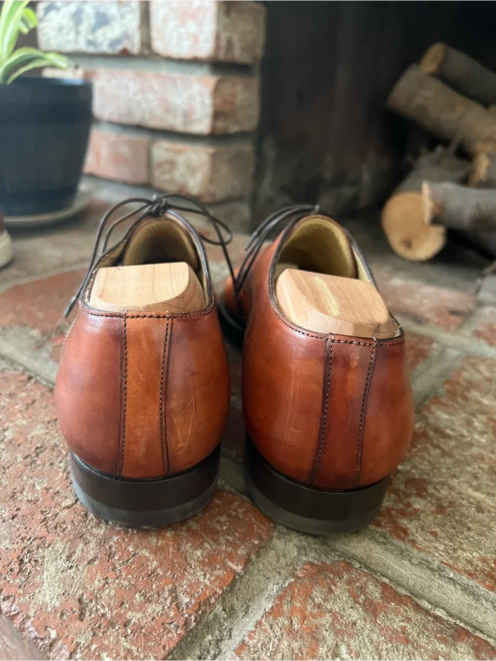 Santoni Cognac Leather Cap-Toe Derby Oxfords with Broguing